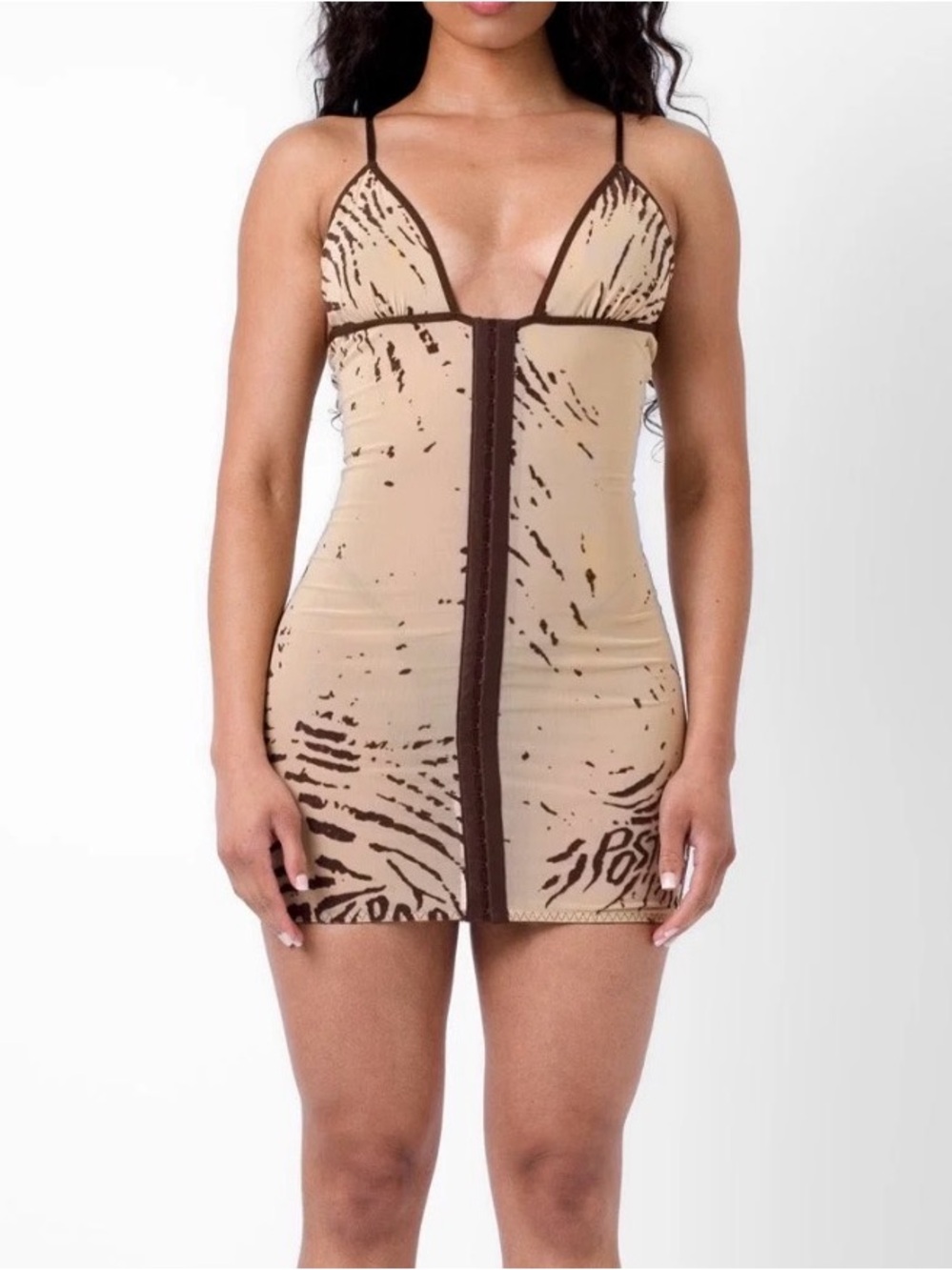POSTER GIRL Yellow and Brown Printed Slip Dress